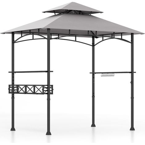 2,4x1,5m avec 2 Tablettes Tonnelle Barbecue Double Toit Abri de Grillade Métal avec Crochets et Décapsuleur Gris (1/5)
