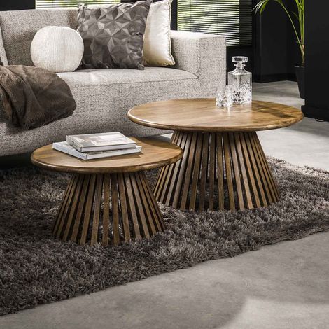 Lot de 2 tables basses rondes 80 et 60 cm en manguier naturel