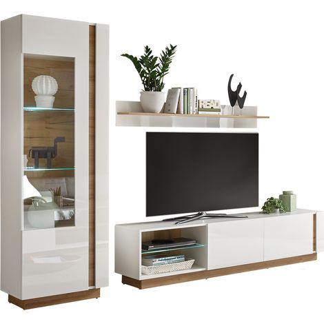 TV-Media Wohnwand in weiß Glanz mit Grandson Oak Eiche Nb. CELLE-61 inkl. LED-Beleuchtung, B/H/T ca. 268/194/40 cm (1/5)