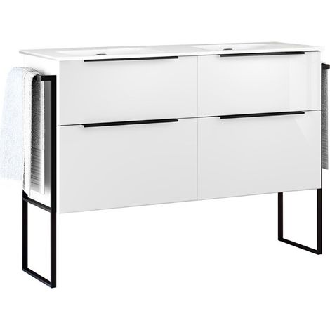 Mueble Baño al Suelo con Lavabo Cerámico  2 cajones con Cierre Amortiguado y Organizador  120cm (2 Senos) Blanco Brillo