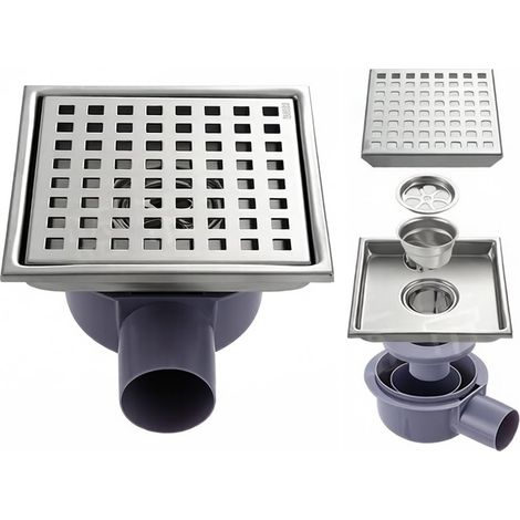 DN50 - Siphon de douche en acier inoxydable - 15 x 15 cm - Plat et carrelé - Siphon 360° avec siphon anti-odeurs - Double filtre attrape-cheveux - Anti-odeur et anti-parasites - Caniveau de douche (1/5)