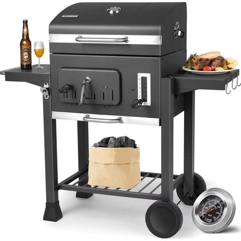 Grill barbecue charbon XXL avec chariot, plateau charbon réglable, grande surface de cuisson, 2 tables latérales, idéal pour jardin, terrasse et barbecue extérieur (1/5)