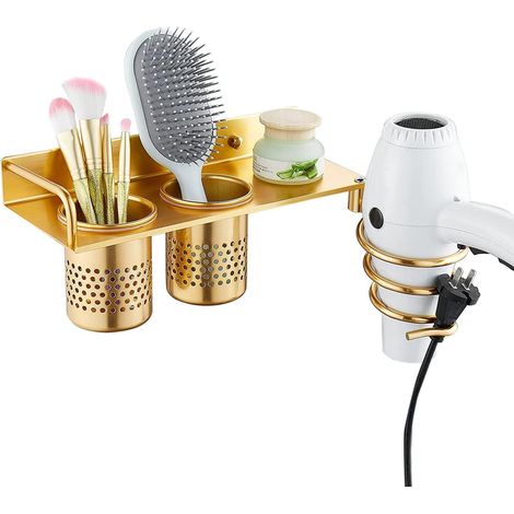 Soporte para secador de pelo, soporte para plancha de baño, soporte de pared para secador de pelo con gestión de cables, soporte de aluminio para secador de pelo para baño, dormitorio, hotel, dorado (1/4)
