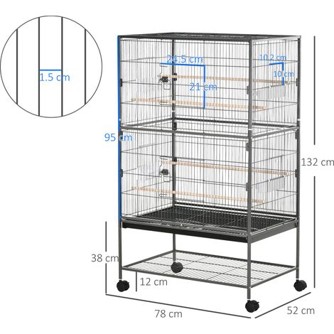 Cage à oiseaux en bois pour usage intérieur (avec plateau, 4 roues et perchoir), 78 x 52 x 132 cm (1/5)