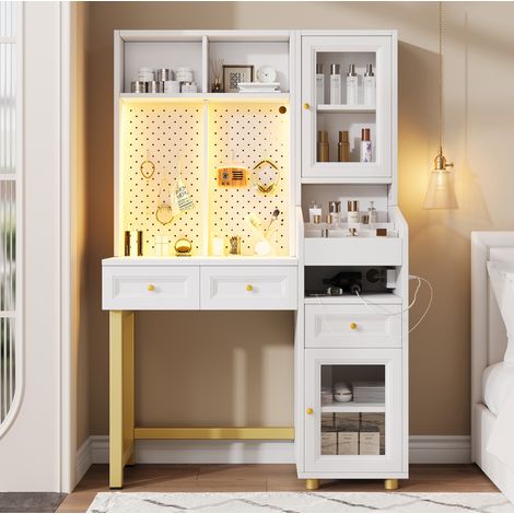 Coiffeuse avec éclairage LED, 3 tiroirs, prises USB et Type-C, MDF blanc (1/5)