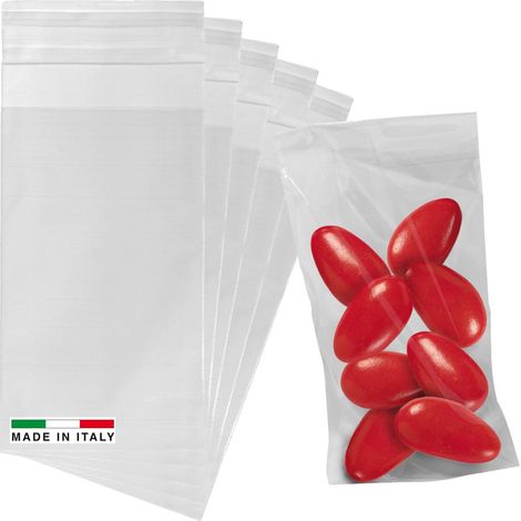 Lot de 100 sachets transparents 6 x 10 cm pour dragées avec fermeture adhésive – Petits sachets en plastique pour aliments, dragées et cérémonie avec rabat adhésif (1/5)