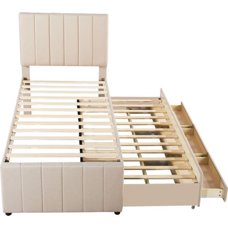 Lit rembourré 90 x 200 cm avec lit gigogne et tiroirs de rangement, revêtement en lin doux pour la peau, lit simple bas, lit pour enfant, lit ado, lit d'appoint (Beige) (1/5)