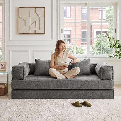 WOLTU Canapé-lit Convertible 3 Places, Sans Montage, Sofa de Sol Modulaire avec Coussins Amovibles, Housses en Chenille, 207x106x68cm, Gris Foncé (1/5)