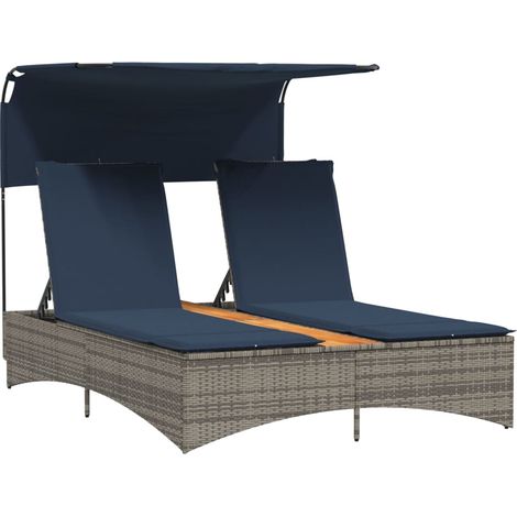 Chaise longue,Bain de soleil,Transat double avec auvent et coussins en polyrotin gris CFW39586 (1/5)