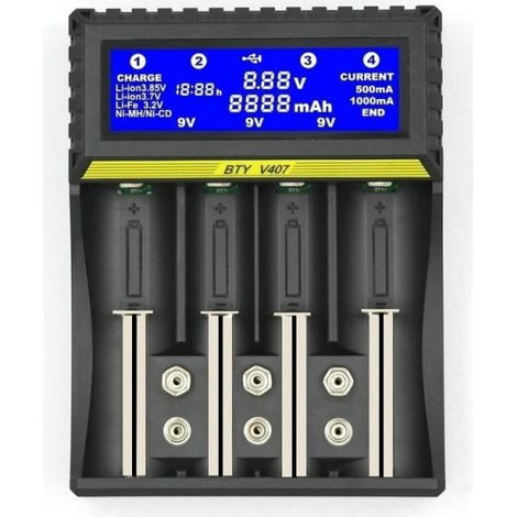 Chargeur multifonctionnel pour piles 18650 Lithium-ion, Nickel-Métal Hydrure, Nickel-Cadmium, AA, AAA et 9 V. Chargeur intelligent avec écran LCD. (1/5)