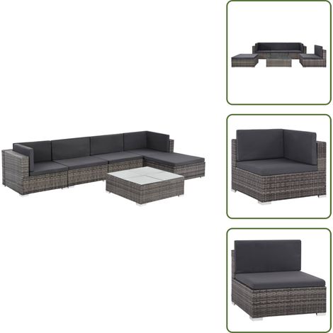 Salon de jardin 6 pcs avec coussins résine tressée gris - Salon De Jardin - Mobilier De Jardin - Ensemble De Canapés - Meubles De Jardin - Canapé D'angle