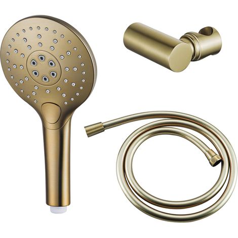 FugaFlow Eccelente Ensemble douchette à main - Ø12 - rond - 3 types de jets - avec support - avec flexible lisse - 150cm - Laiton brossé PVD (Or)