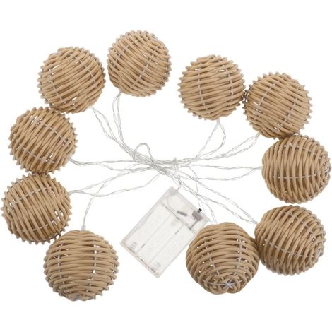Guirlande Lumineuse à Boules Imitation Rotin Synthétique - 10 Lanternes LED 6.8cm à Piles AA - Décoration Éclairage Extérieur Intérieur pour Jardin Terrasse Mariage et Chambre (1/5)