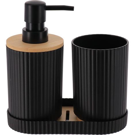 Set de 3 accessoires pp/bambou gobelet + distributeur 350ml + porte savon - noir - Tendance (1/3)