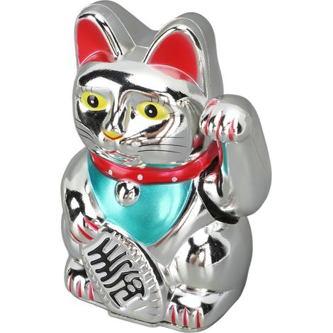 Chat porte-bonheur électrique Feng Shui chinois de 12,5 cm (5 pouces) - Décoration de bureau - Cadeau idéal pour attirer la chance - 0255D Argent (1/5)