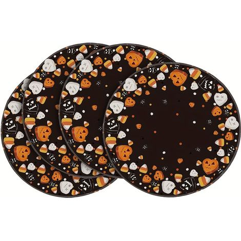 Sets de table Halloween, Sets de table ronds Citrouille et Tête de mort, Décorations de table Halloween, Nappes pour table basse salon - 37x37cm, Lot de 4 (Vinyle) - 4