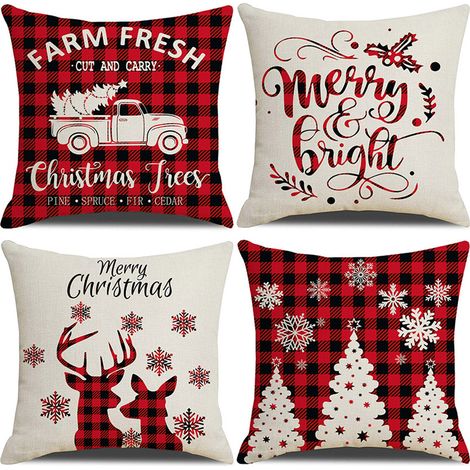 Lot de 4 housses de coussin, lin rustique, motif Joyeux Noël, fermeture éclair invisible, décoration salon (1/5)