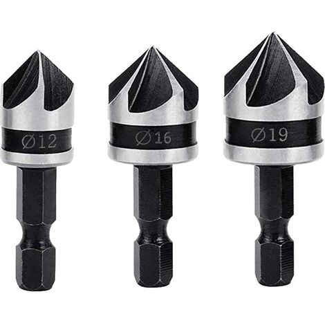 Stück Senkerfräser, 90 Grad, 5 Nuten, Senker, Senker, 12 mm/16 mm/19 mm, Holzsenker, 1/4 Zoll Sechskantbohrer, Karbonstahl, Holzfräser, Holzbearbeitung, Fasenschneider