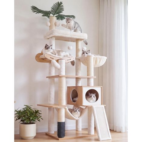 Arbre à Chat Moderne, Arbre à Chat en Bois avec 5 Griffoirs, Planche à Griffer, Panier, Tour de Jeu 156 cm, Niche, Plateforme, Hamac, 3 Pompons, Tapis Lavables, Noyer HCT120WB (1/5)