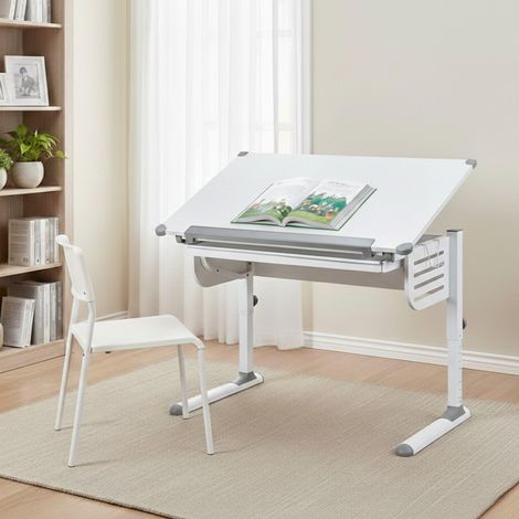 Bureau réglable en Hauteur avec étagère inclinable, en métal Blanc, 110 x 68 x 55-78 cm (1/5)