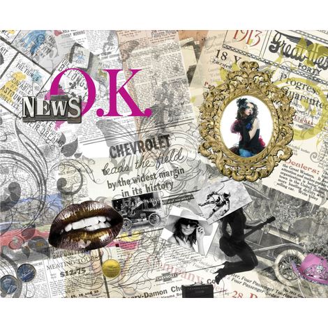 papier peint panoramique journaux gris, beige et rose  - Sanders & Sanders (1/3)