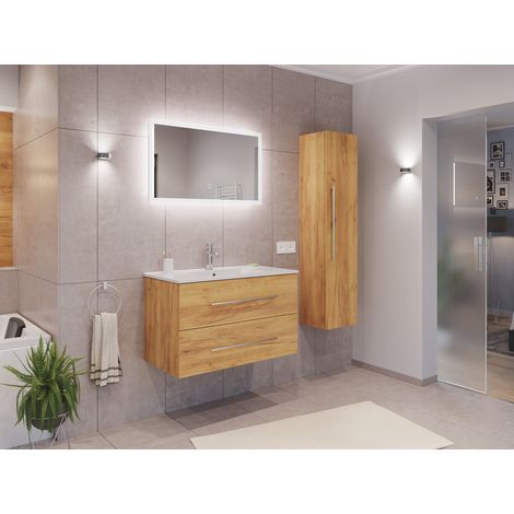 Badmöbel Set Firenze 90 3tlg. LED Spiegel und Hochschrank eiche gold