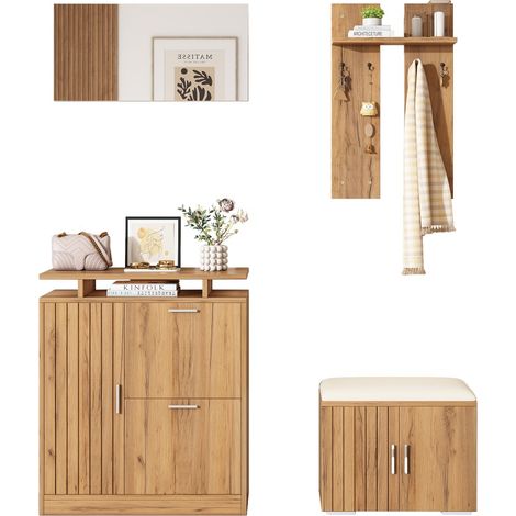 Ensemble de meubles d'entrée-hall-portemanteau mural-banc à chaussures-armoire-miroir-4 crochets-5 portes-140x35x133cm (1/5)