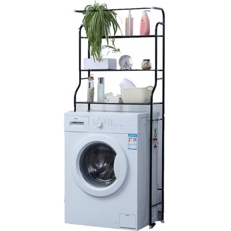 Herzberg HG-03299: Estante de almacenamiento para lavadora y baño de 3 niveles con colgador para toallas, negro