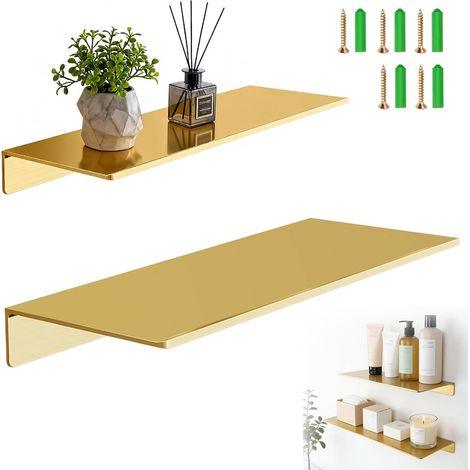 Étagère Murale Doré, Étagère Flottante en Métal Lot de 2 Etagere de Salle de Bain 40 cm et 30 cm Tablette Douche Doree Etagere sans Percage pour Chambre Salon de Bain Cuisine (1/5)