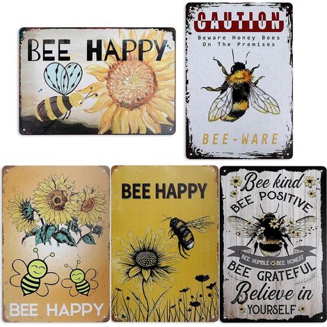 Lot de 5 plaques vintage - Panneau d'avertissement abeille 20 x 30 cm - Décoration maison de campagne - Accessoire de décoration (1/5)