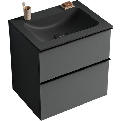 BERNSTEIN - Meuble vasque suspendu MDF Anthracite mat, lavabo fonte sans trou robinet & poignée Noir mat - 60x46x62cm - LAVOA (1/5)