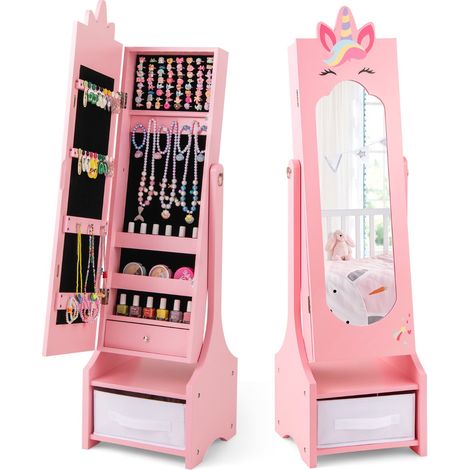 Armadio portagioie per bambini ripostiglio 2 angoli regolabili specchio figura intera Specchio toeletta Rosa (1/4)