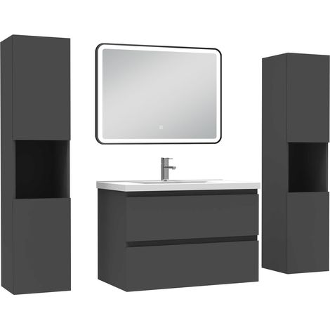 Ocean Meubles Salle de Bain 80cm avec colonne + miroir lumineux 3 couleurs + dimmable Anthracite