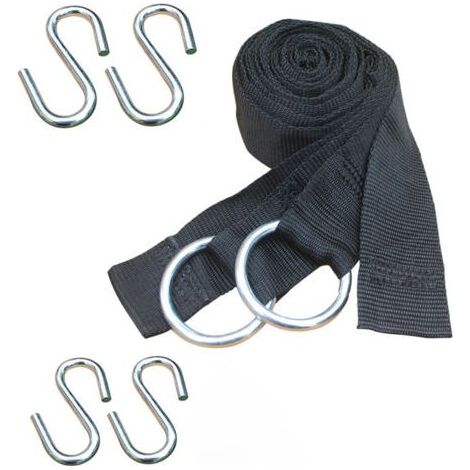 Ahlsen kit fixation hamac arbre incl 2 sangles en polyester résistants aux UV 2,5m long 5cm large et 4 crochets S en acier poids supporté 300kg (1/4)