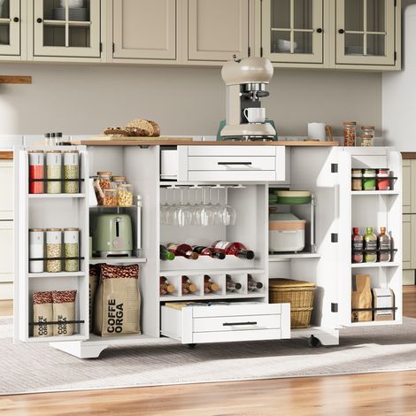 MEUBLIV Chariot de cuisine blanc et bois 138x45/70x92 cm – plateau rabattable, 2 colis (1/5)