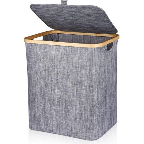 60L Wäschekorb Faltbarer Wäschesammler Bambus Wäschebox mit Deckel & Griff, Rechteckiger Schmutzwäschekorb für Schmutzwäsche, 40X33X45CM Dunkelgrau