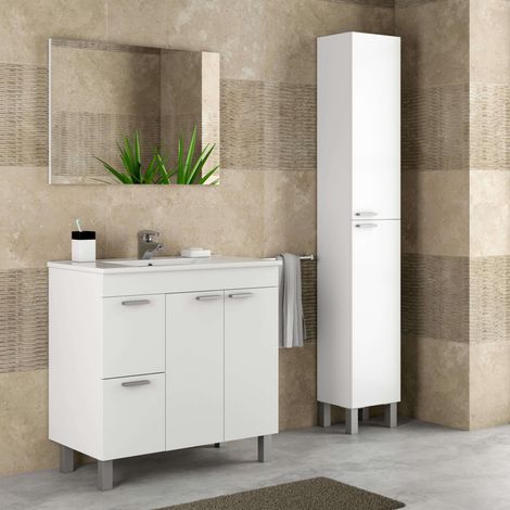 Pack Mobiliario Baño Mueble Con Lavamanos Cerámico Y Columna Color Blanco Brillo (1/5)