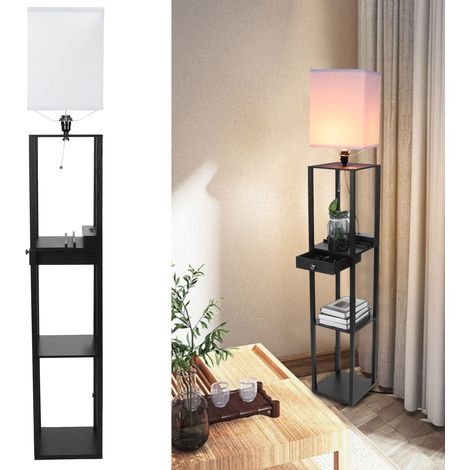 Lampadaire carré avec étagère de rangement à 3 niveaux et petit tiroir pour la maison, prise 110-240 V. (1/5)