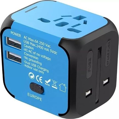 Universeller Reiseadapter mit zwei USB-Anschlüssen, internationale Ladestation mit Steckern für Großbritannien, Australien, die EU und die USA, Mehrfachsteckdosenadapter