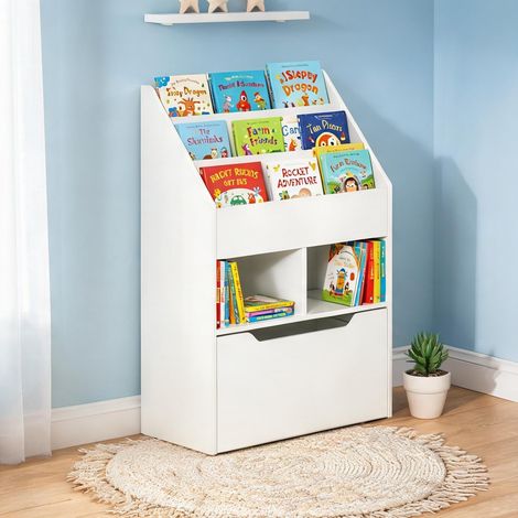 Bibliothèque enfant 3 étagères 2 niches tiroir MDF blanc (1/5)