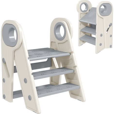 3-step children's step stool, children's kitchen step stool, foldable, adjustable height from 2 to 3 steps, grey (1/5)