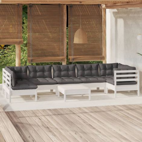 Salon de jardin 8 pcs Ensemble Table et Chaise de Jardin - avec coussins Blanc Bois de pin BV341336 - BonneVie (1/5)