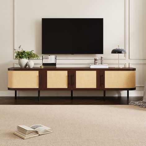 Mobile TV 180x40x45 cm, con frontale intrecciato, 4 ante, maniglie nere, piedini in ferro, MDF, noce (1/5)