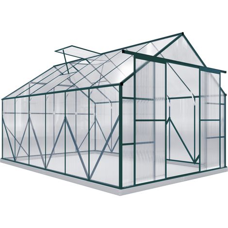Outsunny 8 x 12ft Aluminium Greenhouse Polycarbonate Walk-in Garden Greenhouse Kit with Adjustable Roof Vent, Double Sliding Door, Rain Gutter and Foundation, Clear