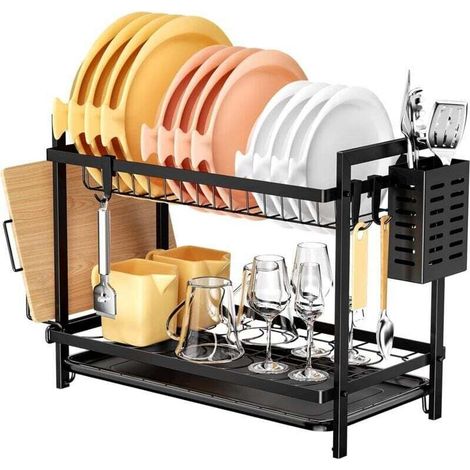 Égouttoir Vaisselle Cuisine à 2 Niveaux, Noir, sur Evier, avec bac Récupération Amovible et Porte-Couverts (1/4)