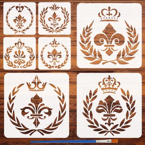 7Pcs Pochoir Vintage à Motif Fleur Lys Avec Pinceau Couronne Réutilisable 2 Taille Feuilles Olivier Pochoir Motif Feuilles Laurier Pochoirs Muraux Thème Vintage Bois Papier Décor Tissu (1/5)