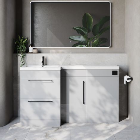 Napoli 390 Gloss Grey Pearl 1500mm 2 Drawer Vanity Unit Toilet Suite with Left Hand Square Lucia Basin - 1500mm - Matt Black 320mm HandleWithout Kingston Toilet Pan