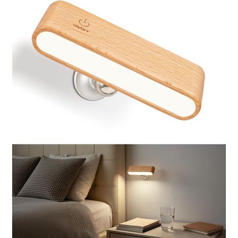 Applique murale LED en bois - Veilleuse et lampe de lecture magnétique rotative à 360° - Petite veilleuse rechargeable - Convient aux chambres et aux salons - Couleur bois naturel (1/5)