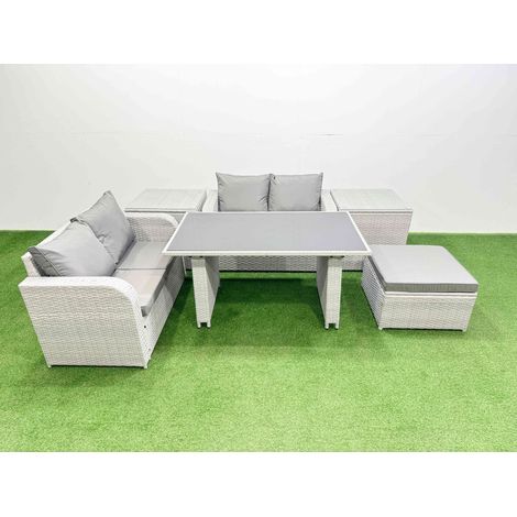 Fimous 6 Pieces Outdoor PE Rattan Sofa Set Patio Garden Furniture Sets with Cushions 2 Side Tables Big Stool Light Grey (1/4)