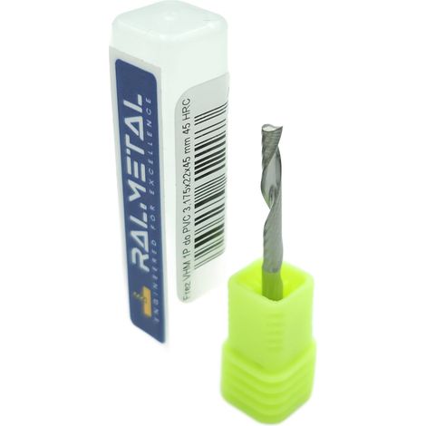Fresa in metallo duro integrale a 1 tagliente per PVC e legno, 3,175 x 22 x 45 mm, durezza 45 HRC. (1/3)